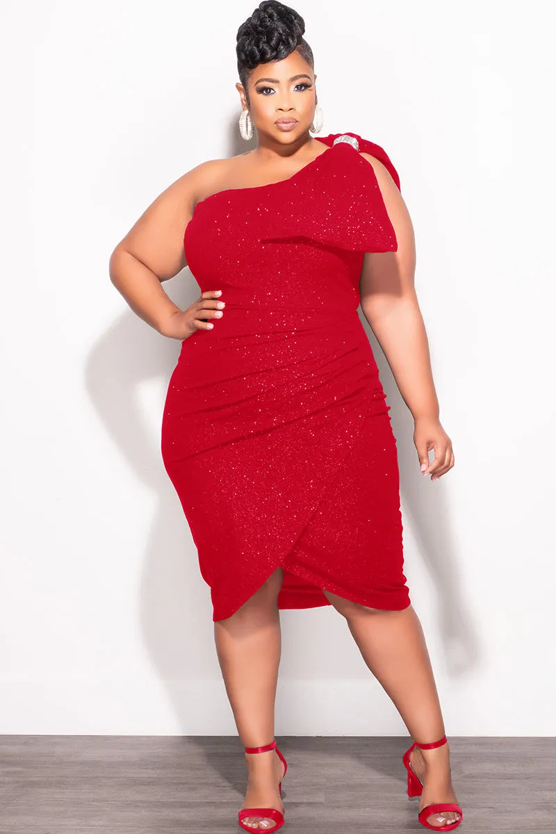 Final Sale Plus Size Glitter One Shoulder Ruched Dress Bow in Red Functional Layer