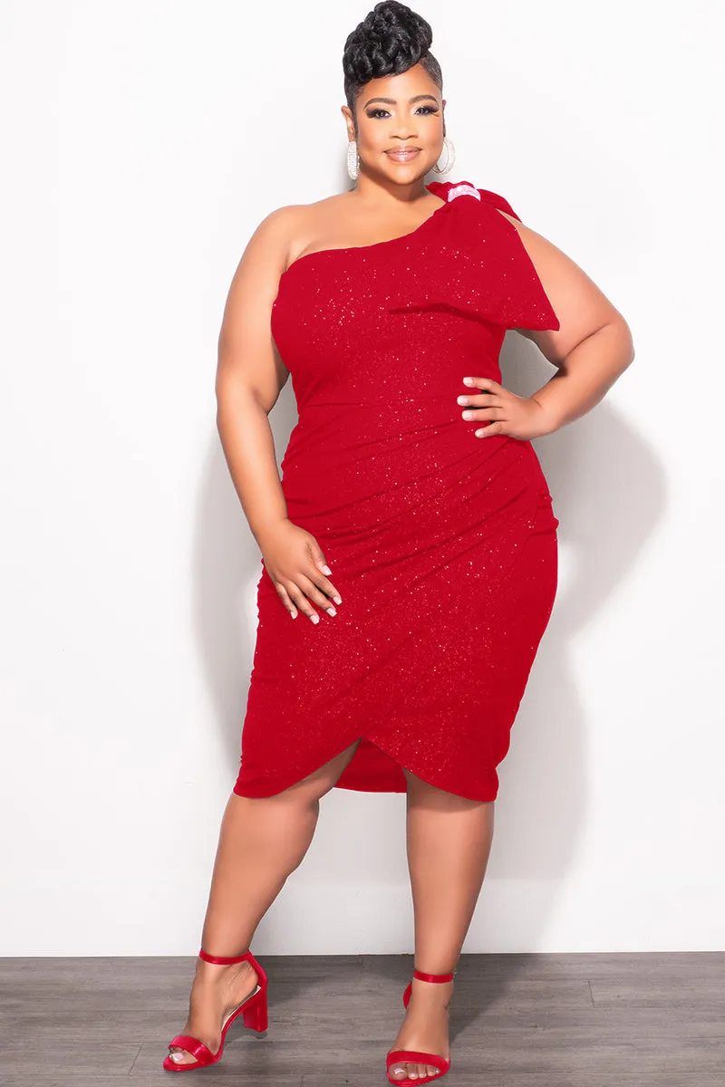 Final Sale Plus Size Glitter One Shoulder Ruched Dress Bow in Red StaticDissipative