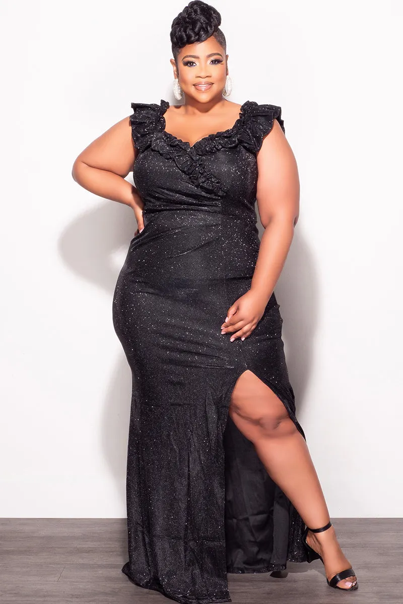 Final Sale Plus Size Glitter Pleated Maxi Dress in Black Low Bulk Design