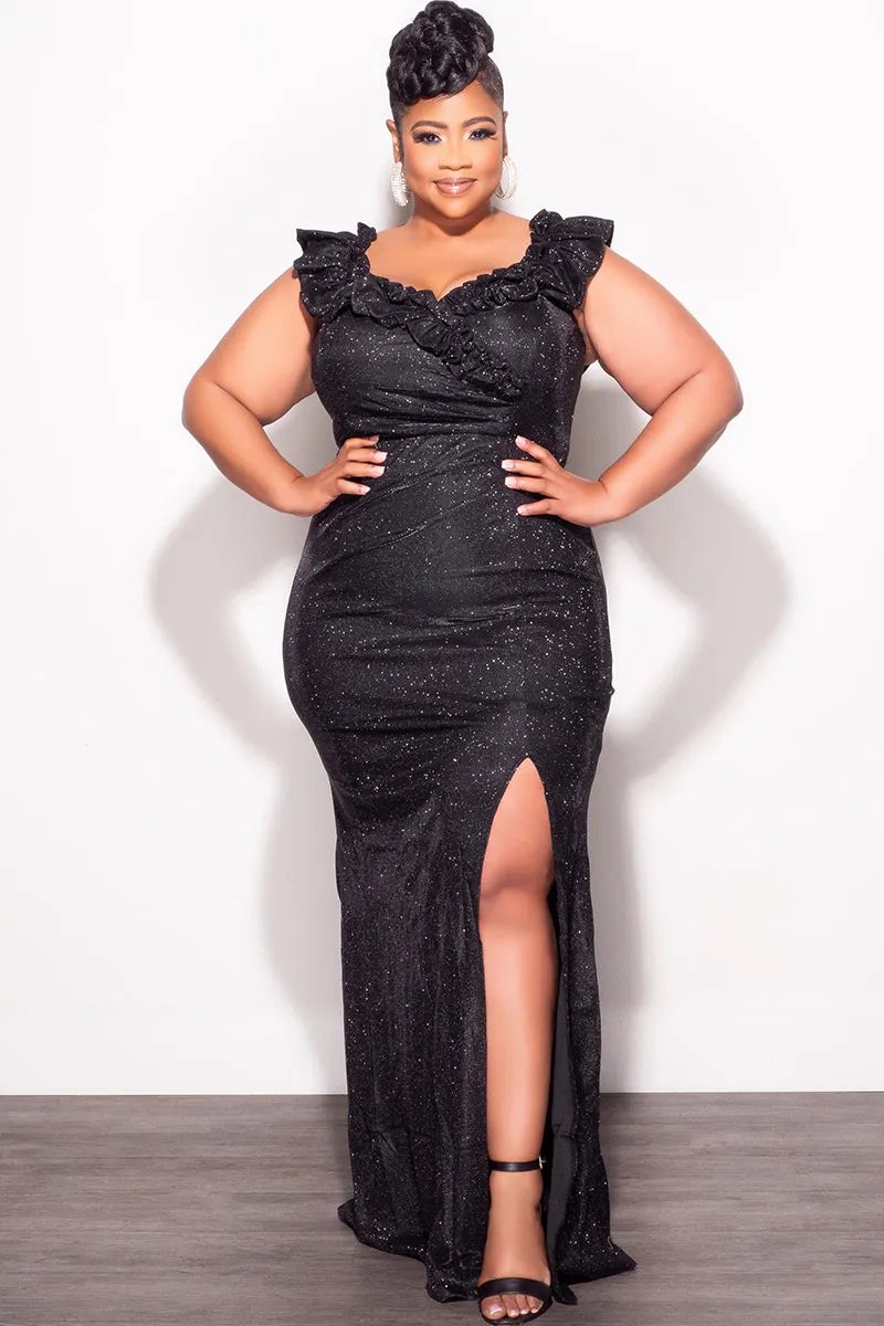 Light Coverage Final Sale Plus Size Glitter Pleated Maxi Dress in Black