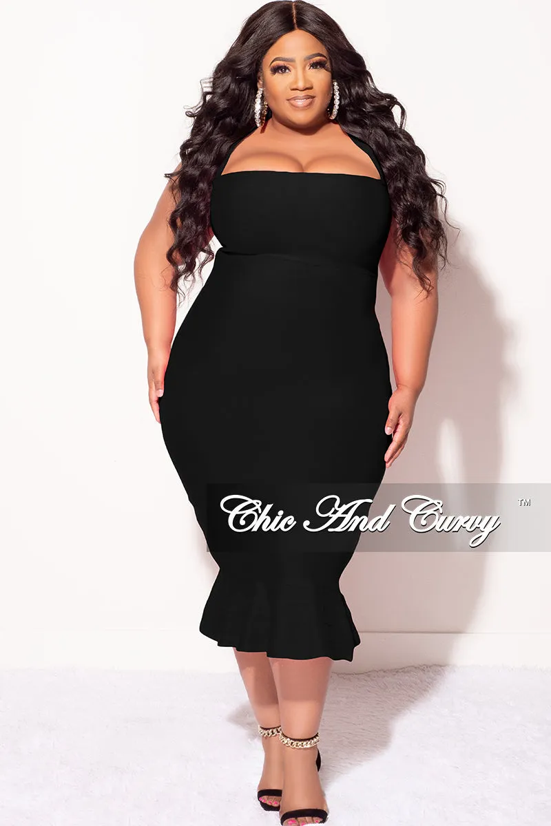 Relaxed Cut Final Sale Plus Size Halter Bandage Dress with Ruffle Bottom in Black