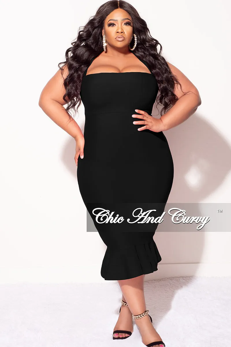 Casual Comfort SeamlessPockets Final Sale Plus Size Halter Bandage Dress with Ruffle Bottom in Black