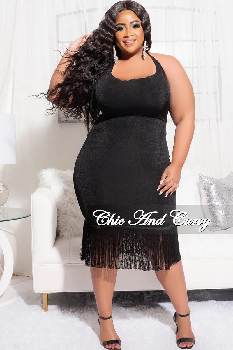 Final Sale Plus Size Halter BodyCon Dress with Bottom Fringe in Black Hygienic Inner Layer Stain Resistant Weave