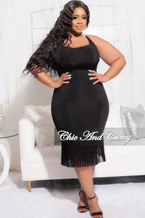 Final Sale Plus Size Halter BodyCon Dress with Bottom Fringe in Black Comfy Design Sleek Look