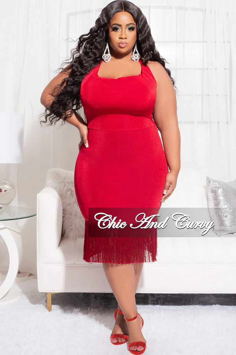 Button front Relaxed Comfort Wear Final Sale Plus Size Halter BodyCon Dress with Bottom Fringe in Red