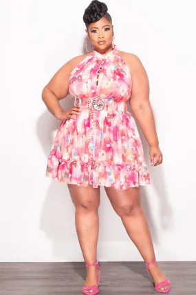 Final Sale Plus Size Halter Chiffon Baby Doll Dress with Front Cutout and Back Tie in Fuchsia Multi Color Active Design Wear Multi Pocket System