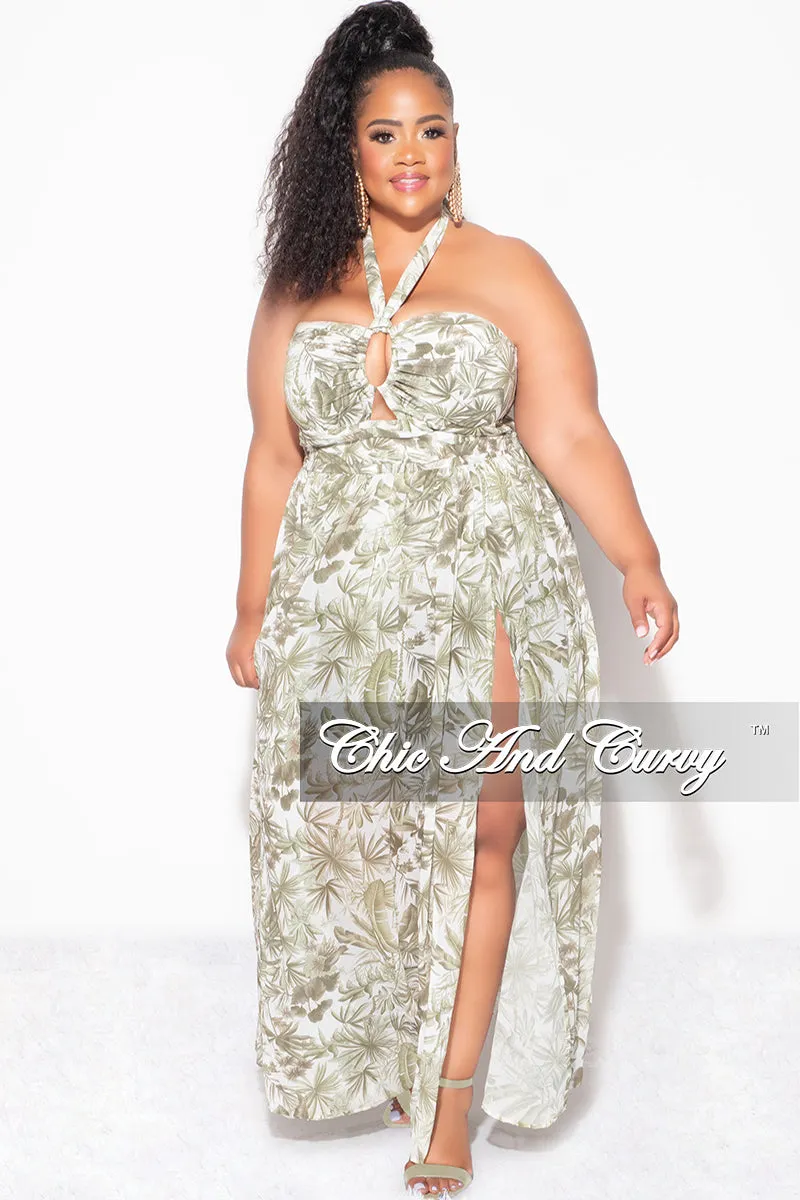Final Sale Plus Size Halter Chiffon Maxi Dress with Slits in Olive Palm Print Flattering Comfort Wear