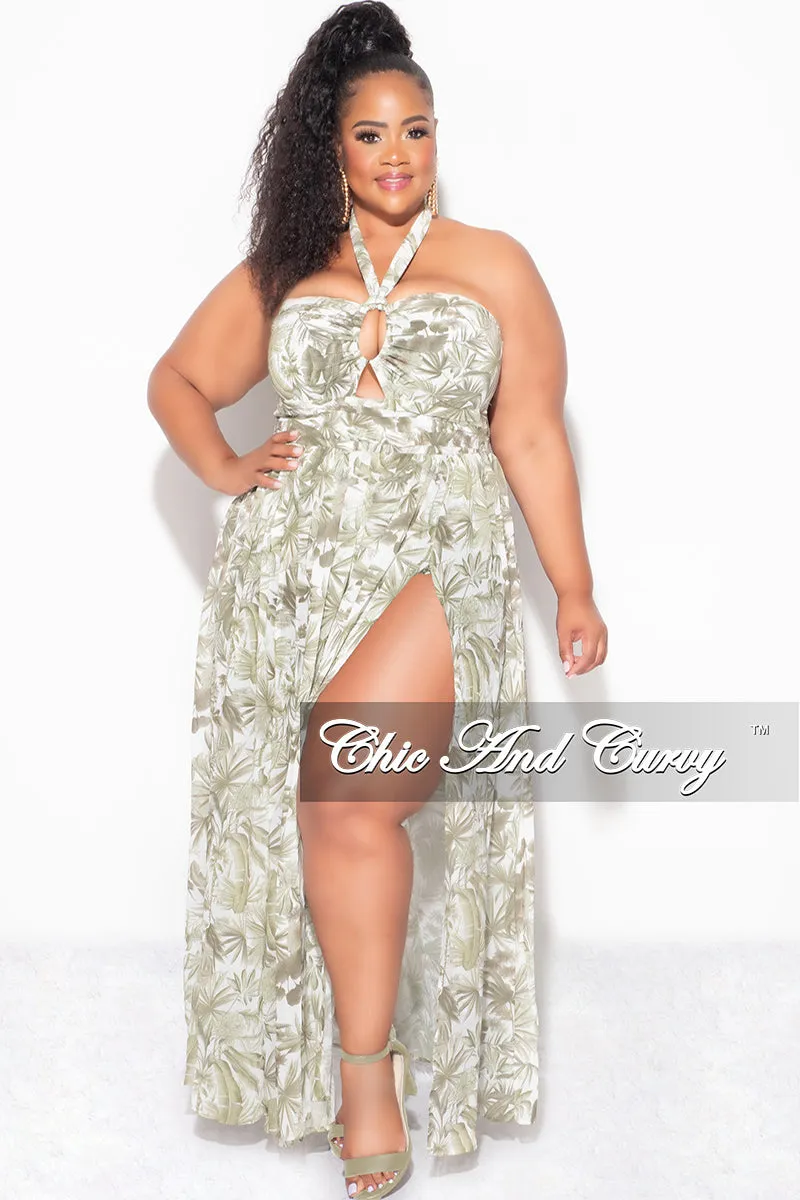 Final Sale Plus Size Halter Chiffon Maxi Dress with Slits in Olive Palm Print Minimal Fit Core Flex