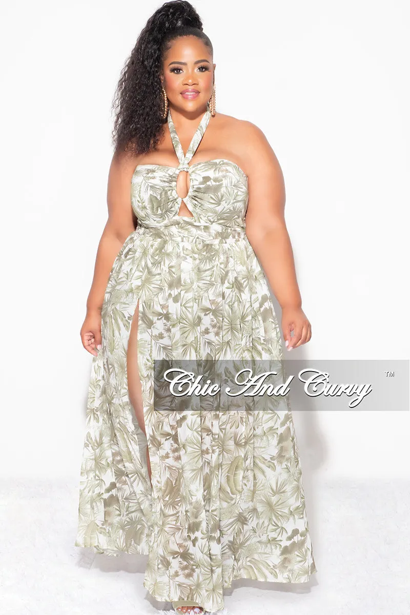 Final Sale Plus Size Halter Chiffon Maxi Dress with Slits in Olive Palm Print Basic Look