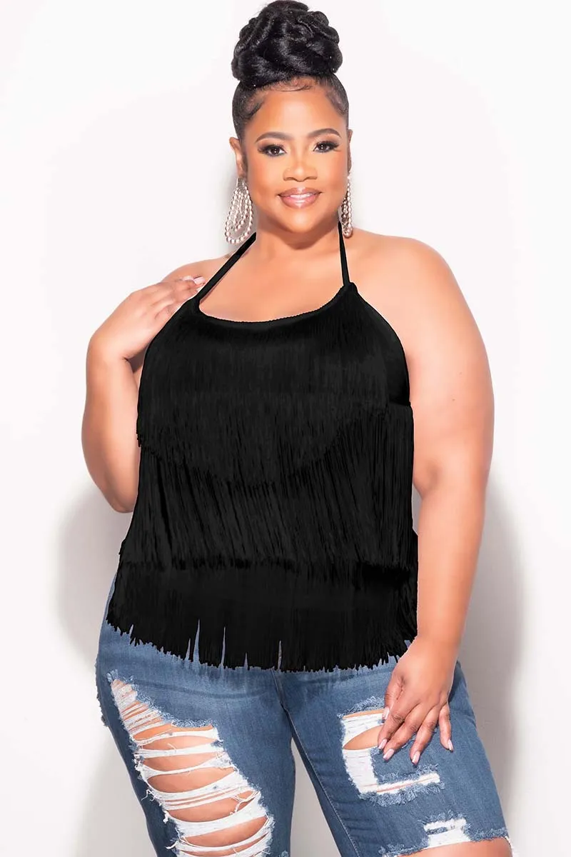 Final Sale Plus Size Halter Fringe Top in Black Functional Layer Side zipper