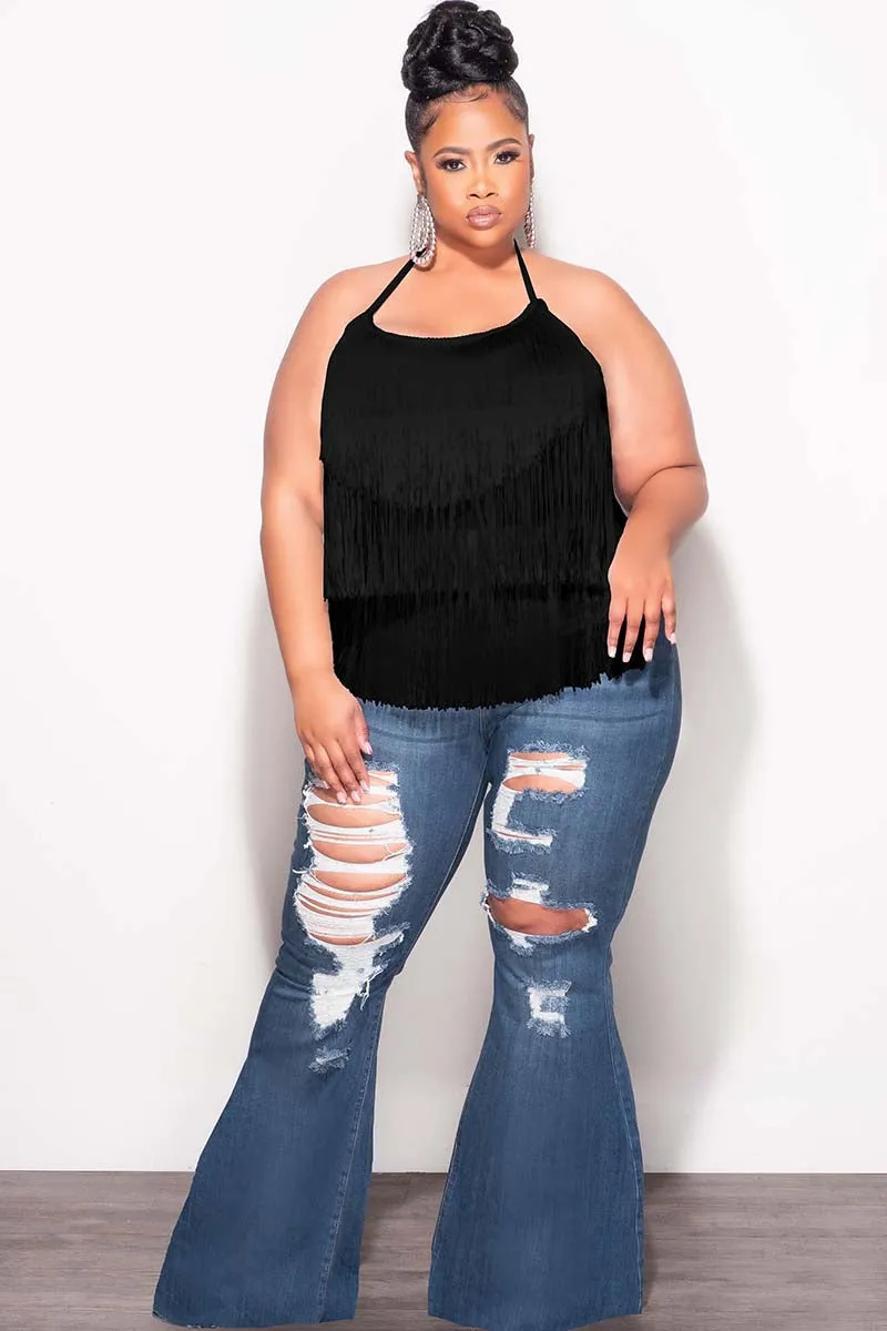 Soft Performance Final Sale Plus Size Halter Fringe Top in Black