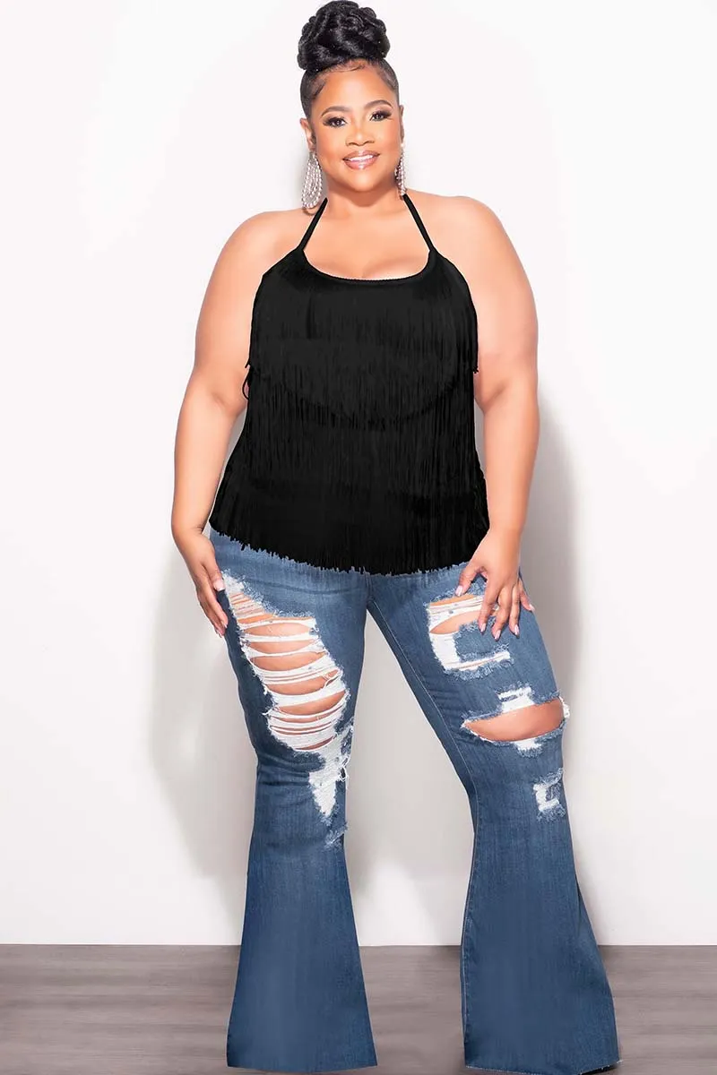 Flattering Cut Final Sale Plus Size Halter Fringe Top in Black