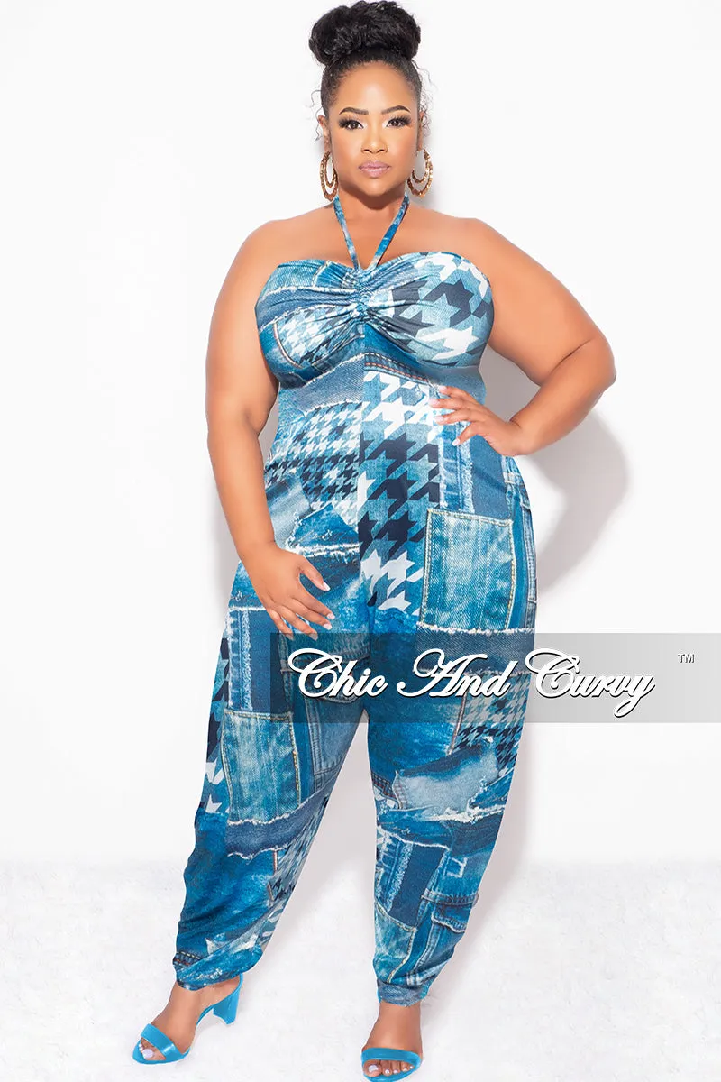 Final Sale Plus Size Halter Harem Jumpsuit in Blue & White Mixed Denim Print Casual Stretch Wear