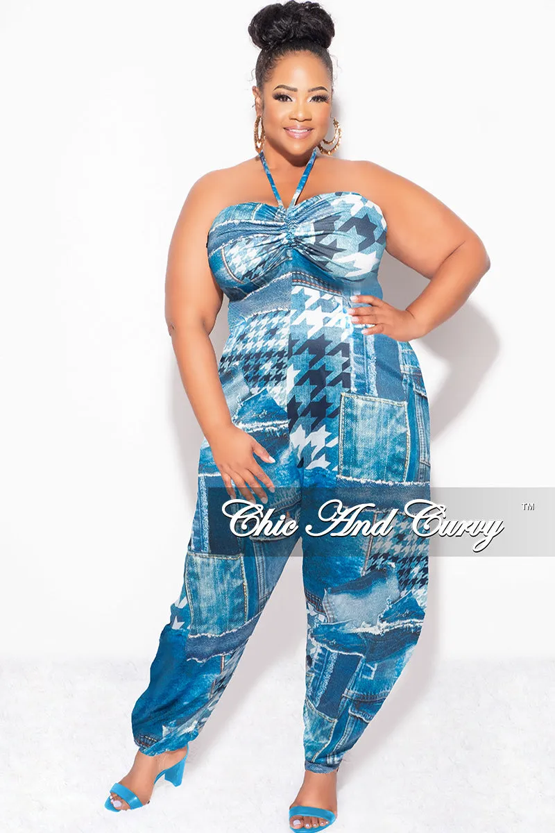 Final Sale Plus Size Halter Harem Jumpsuit in Blue & White Mixed Denim Print Classic Comfort