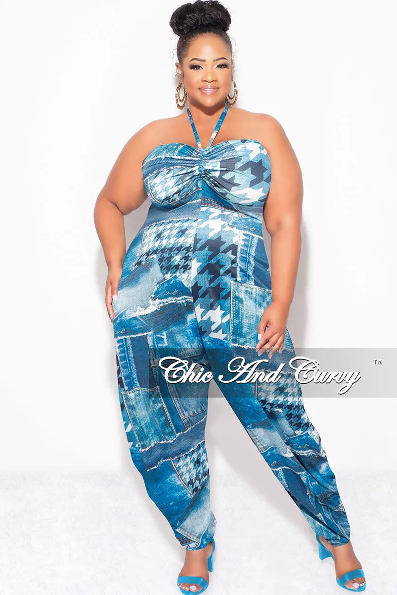 Final Sale Plus Size Halter Harem Jumpsuit in Blue & White Mixed Denim Print Core Support Perfectly Relaxed