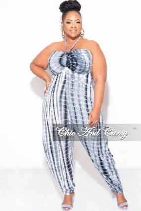 Final Sale Plus Size Halter Harem Jumpsuit in Navy & White Tie Dye Print Freedom Motion