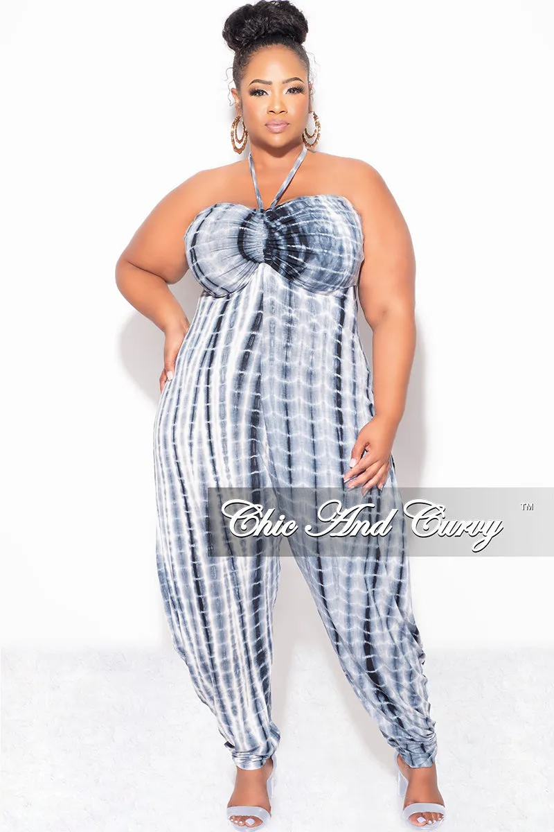 Final Sale Plus Size Halter Harem Jumpsuit in Navy & White Tie Dye Print Quick Comfort Design Durable Seams