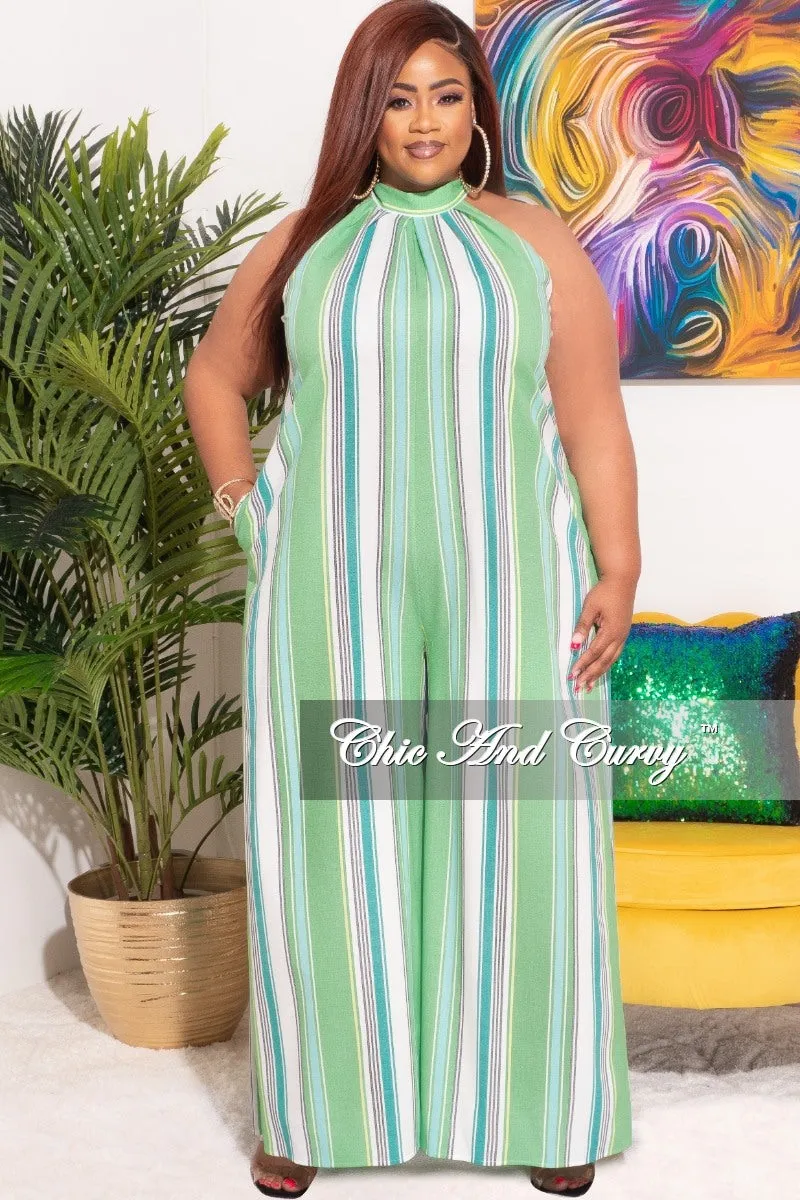 Final Sale Plus Size Halter Jumpsuit in Green Stripe Print Trendy Appeal Layer Friendly