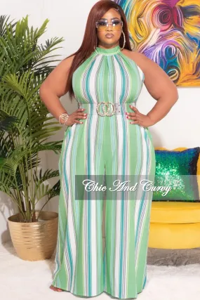 Final Sale Plus Size Halter Jumpsuit in Green Stripe Print Thermal Regulating Wide-leg cut
