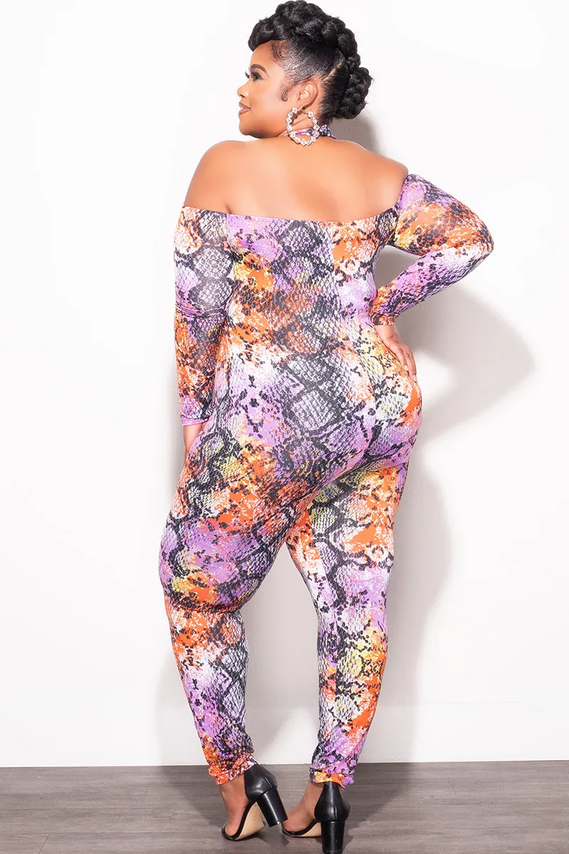 Final Sale Plus Size Halter Jumpsuit in Multi-Color Snake Print Non-Binding Fit
