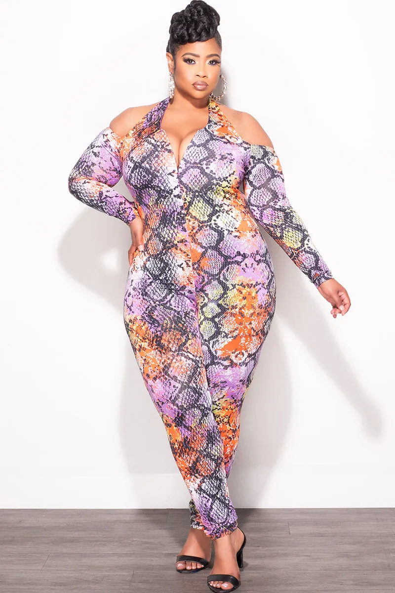 Final Sale Plus Size Halter Jumpsuit in Multi-Color Snake Print Minimalist Waist