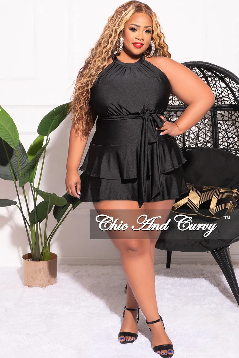 Final Sale Plus Size Halter Layered Dress with Waist Tie in Black Slim Look