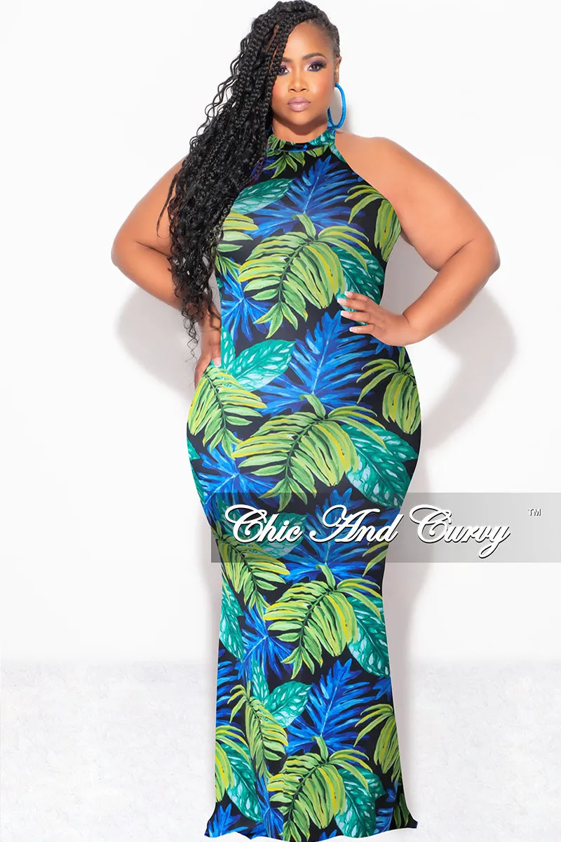 Practical Comfort No Irritation Seams Final Sale Plus Size Halter Neck Sleeveless Mermaid Dress in Blue and Green Leaf Print