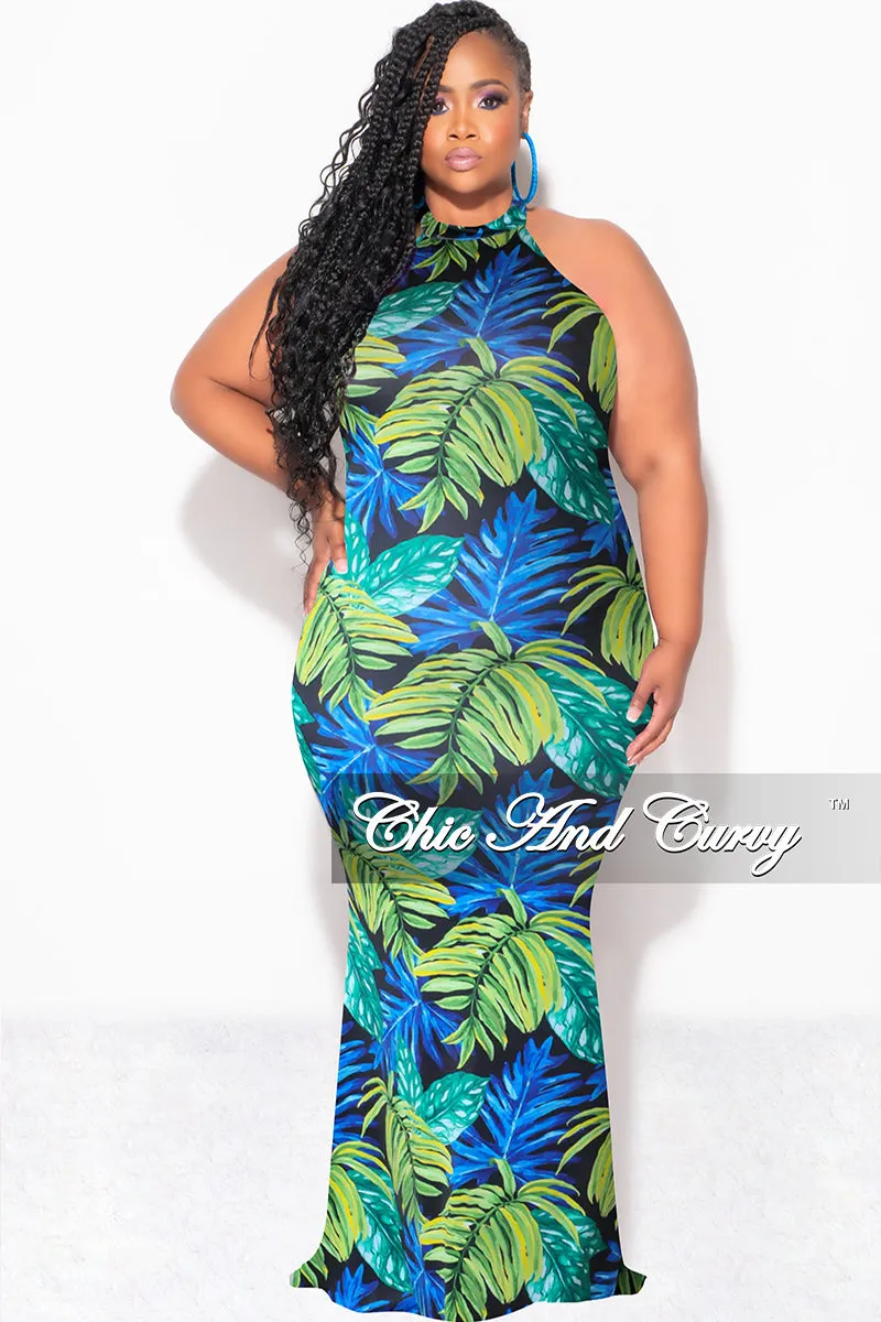 Final Sale Plus Size Halter Neck Sleeveless Mermaid Dress in Blue and Green Leaf Print Comfortable Stretch Tear Resistant
