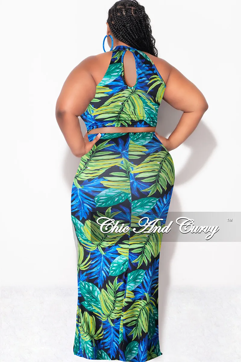 Formal Look Performance Stretch Final Sale Plus Size Halter Neck Sleeveless Mermaid Dress in Blue and Green Leaf Print