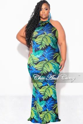 Final Sale Plus Size Halter Neck Sleeveless Mermaid Dress in Blue and Green Leaf Print HypoallergenicMaterial Simple Utility