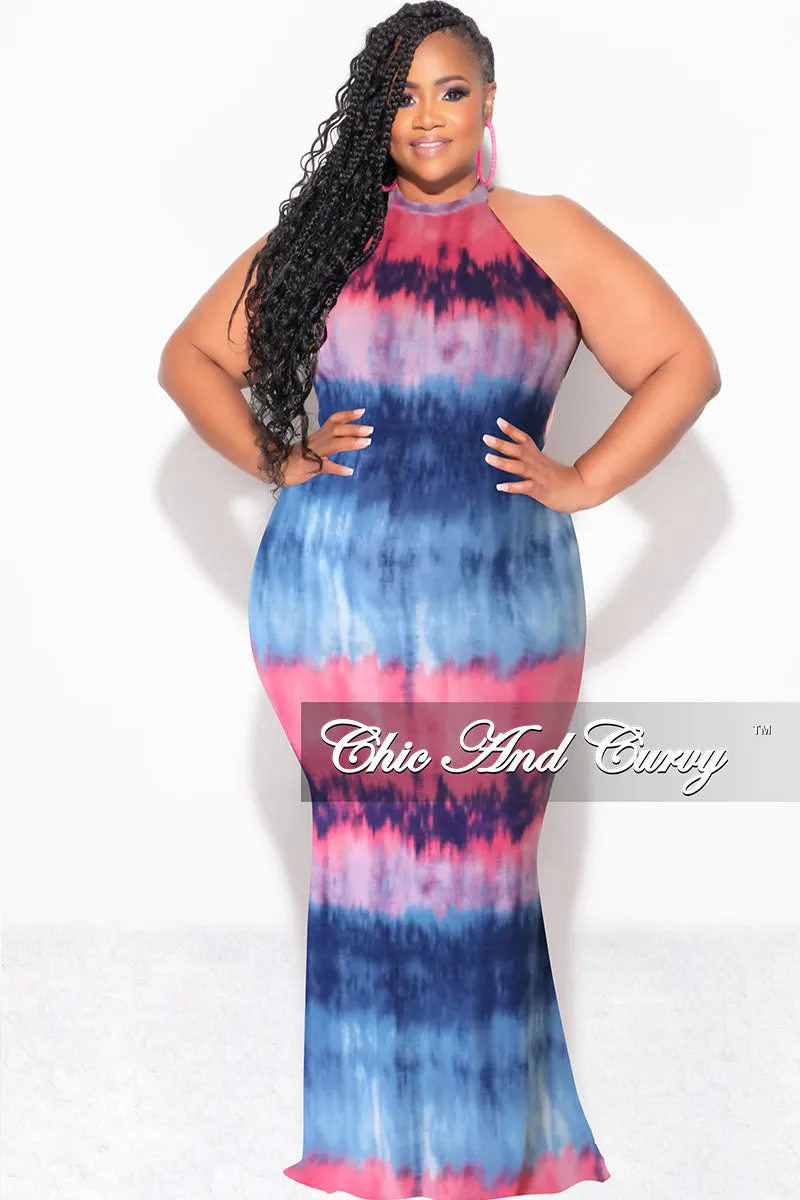 Final Sale Plus Size Halter Neck Sleeveless Mermaid Dress in Pink & Blue Tie Dye Print Breathable Wear Fit Performance Ready