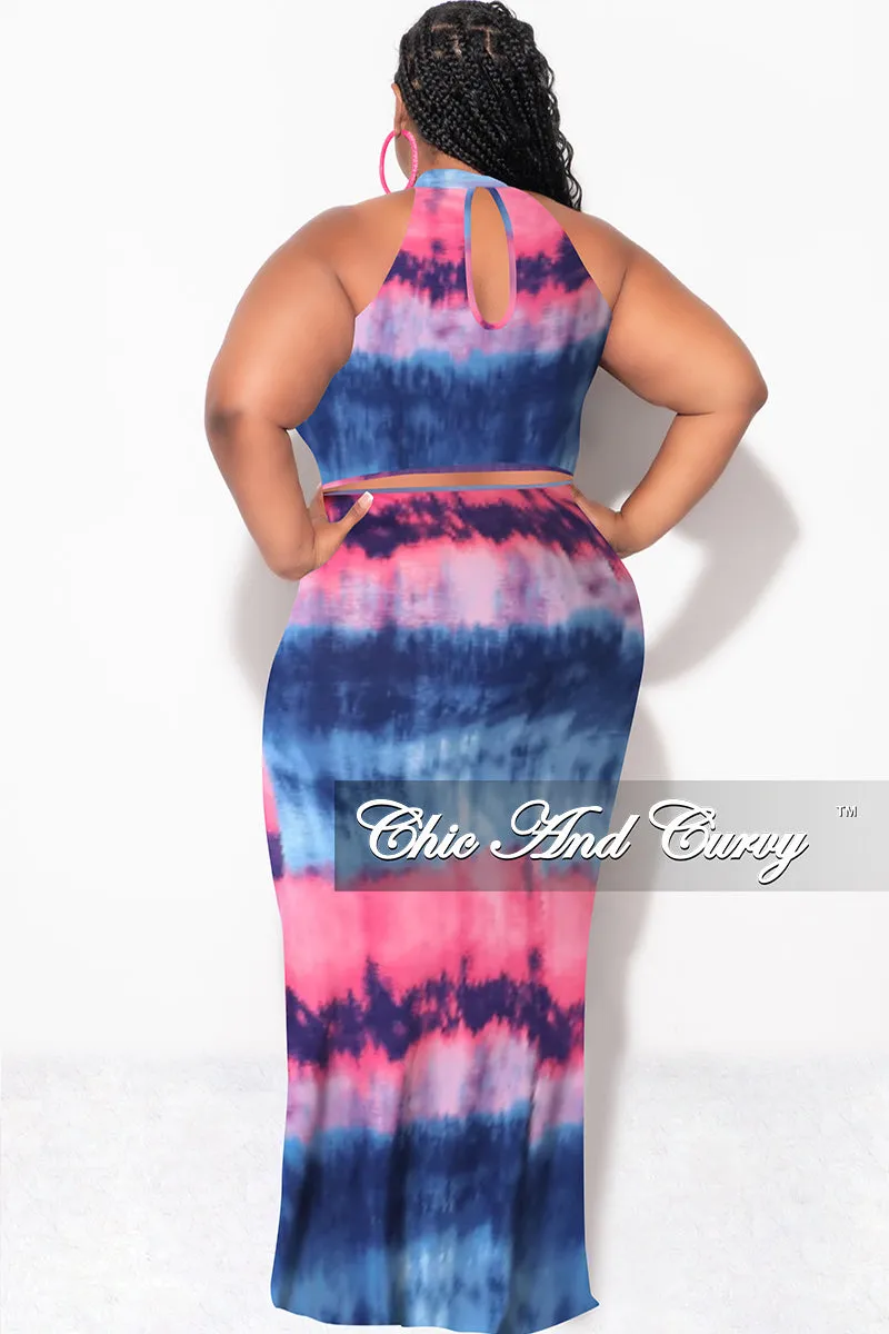 Final Sale Plus Size Halter Neck Sleeveless Mermaid Dress in Pink & Blue Tie Dye Print Travel Ready Fit Durable Hemming