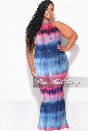 Final Sale Plus Size Halter Neck Sleeveless Mermaid Dress in Pink & Blue Tie Dye Print Flattering Fit Wear Performance Ready