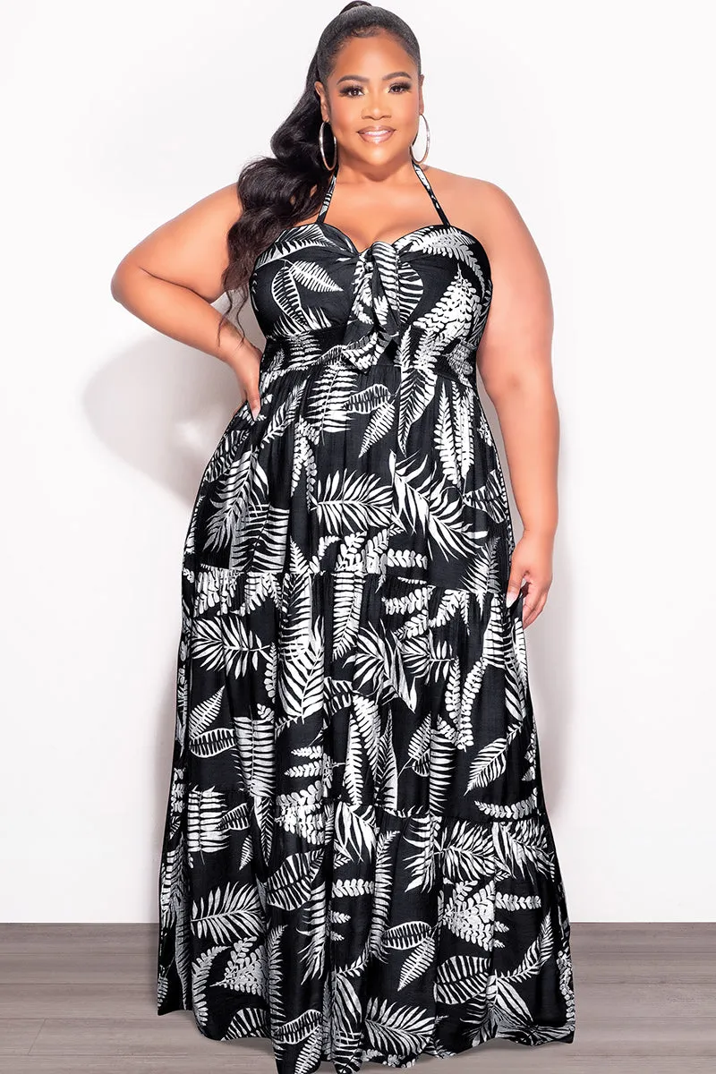 Stretchable Comfort Hygienic Coating Final Sale Plus Size Halter Tiered Dress in Black and White Leaf Print