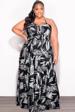 Soft Stretch RuggedDurability Final Sale Plus Size Halter Tiered Dress in Black and White Leaf Print