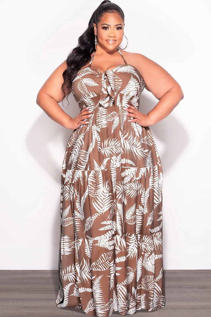 NonIrritatingStitching Wind Resistance Final Sale Plus Size Halter Tiered Dress in Brown and White Leaf Print