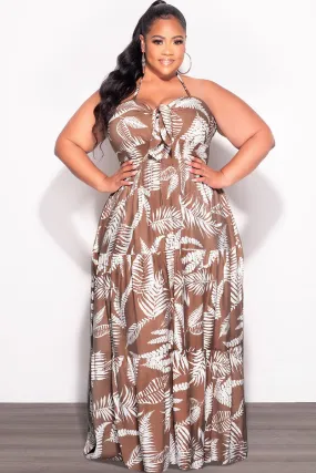 NonIrritatingStitching Wind Resistance Final Sale Plus Size Halter Tiered Dress in Brown and White Leaf Print