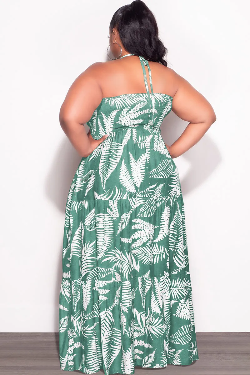 Final Sale Plus Size Halter Tiered Dress in Green & White Leaf Print Packable Fit