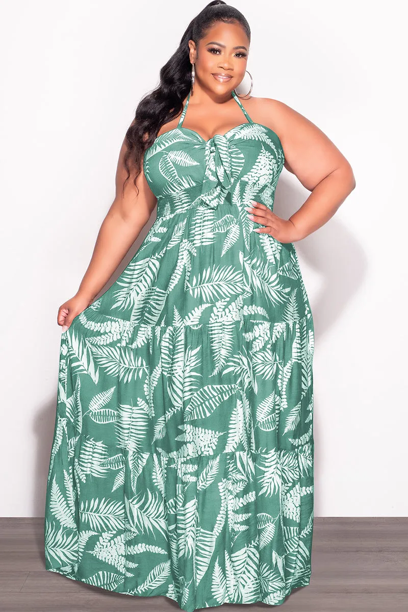 Sophisticated Look Curved Waistline Final Sale Plus Size Halter Tiered Dress in Green & White Leaf Print