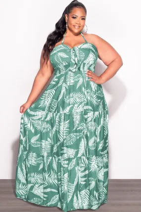 Comfy Movement Final Sale Plus Size Halter Tiered Dress in Green & White Leaf Print