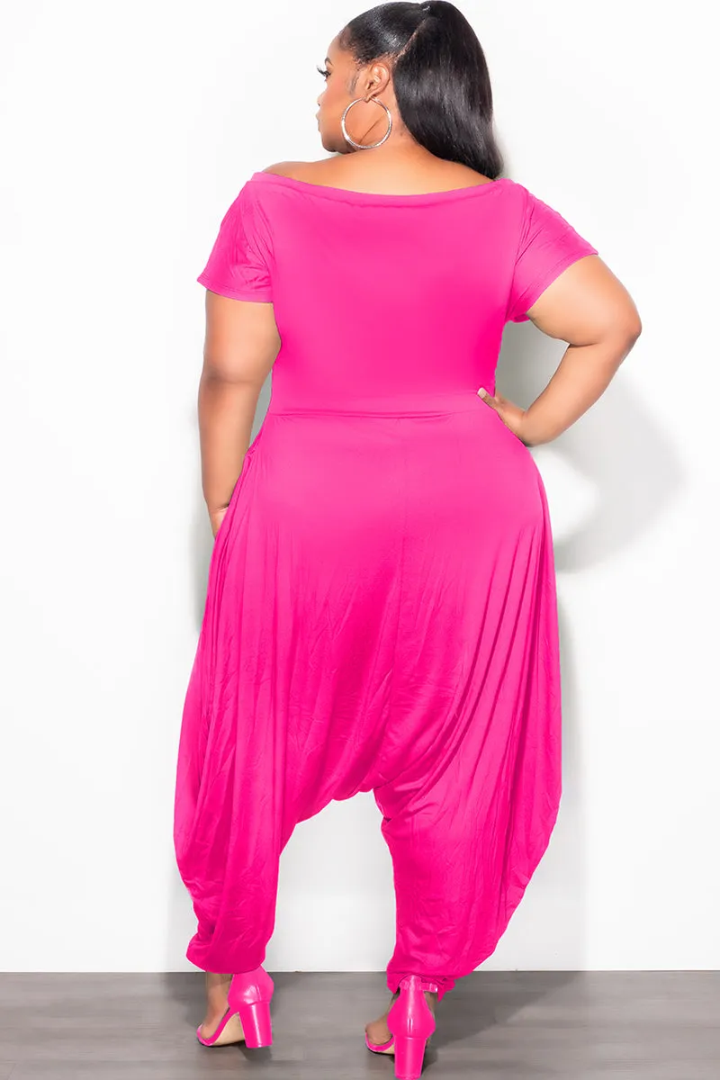 Final Sale Plus Size Harem Jumpsuit in Fuchsia Side zipper Multi Panel Construction