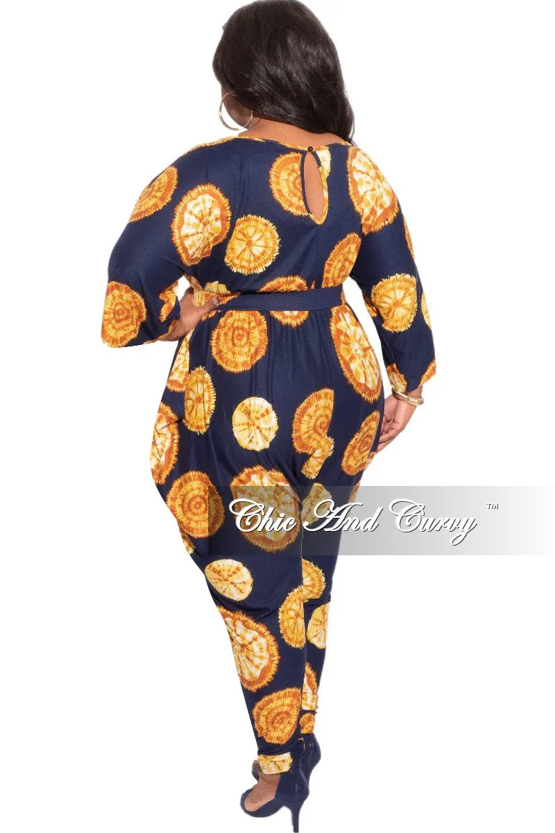 Final Sale Plus Size Harem Jumpsuit in Navy & Mustard Print Day To Night