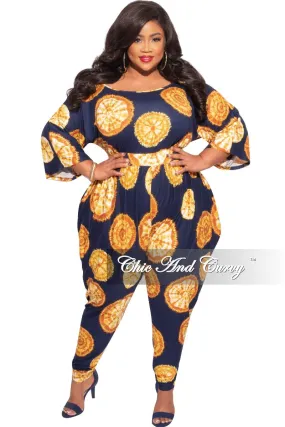 Final Sale Plus Size Harem Jumpsuit in Navy & Mustard Print Compact Storage