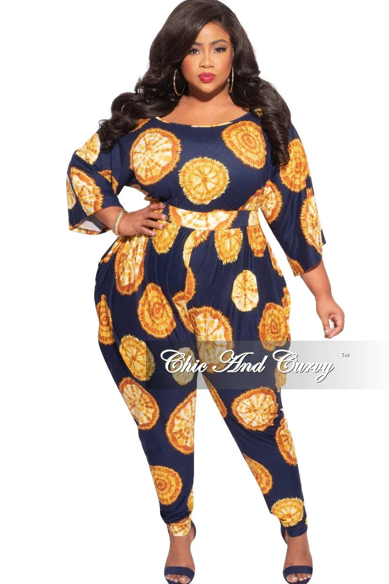 Final Sale Plus Size Harem Jumpsuit in Navy & Mustard Print LightweightInsulation Zip-off legs