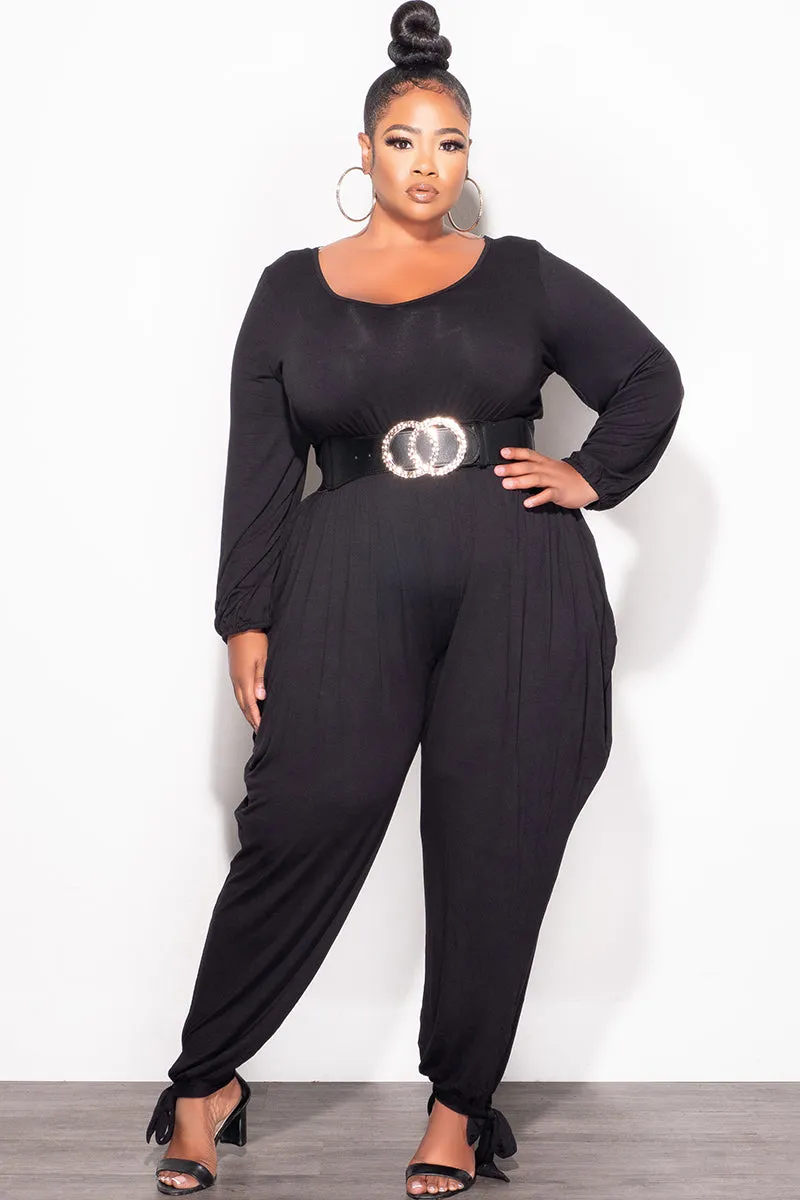 Essential Wear Final Sale Plus Size Harem Jumpsuit with Ankle Ties in Black