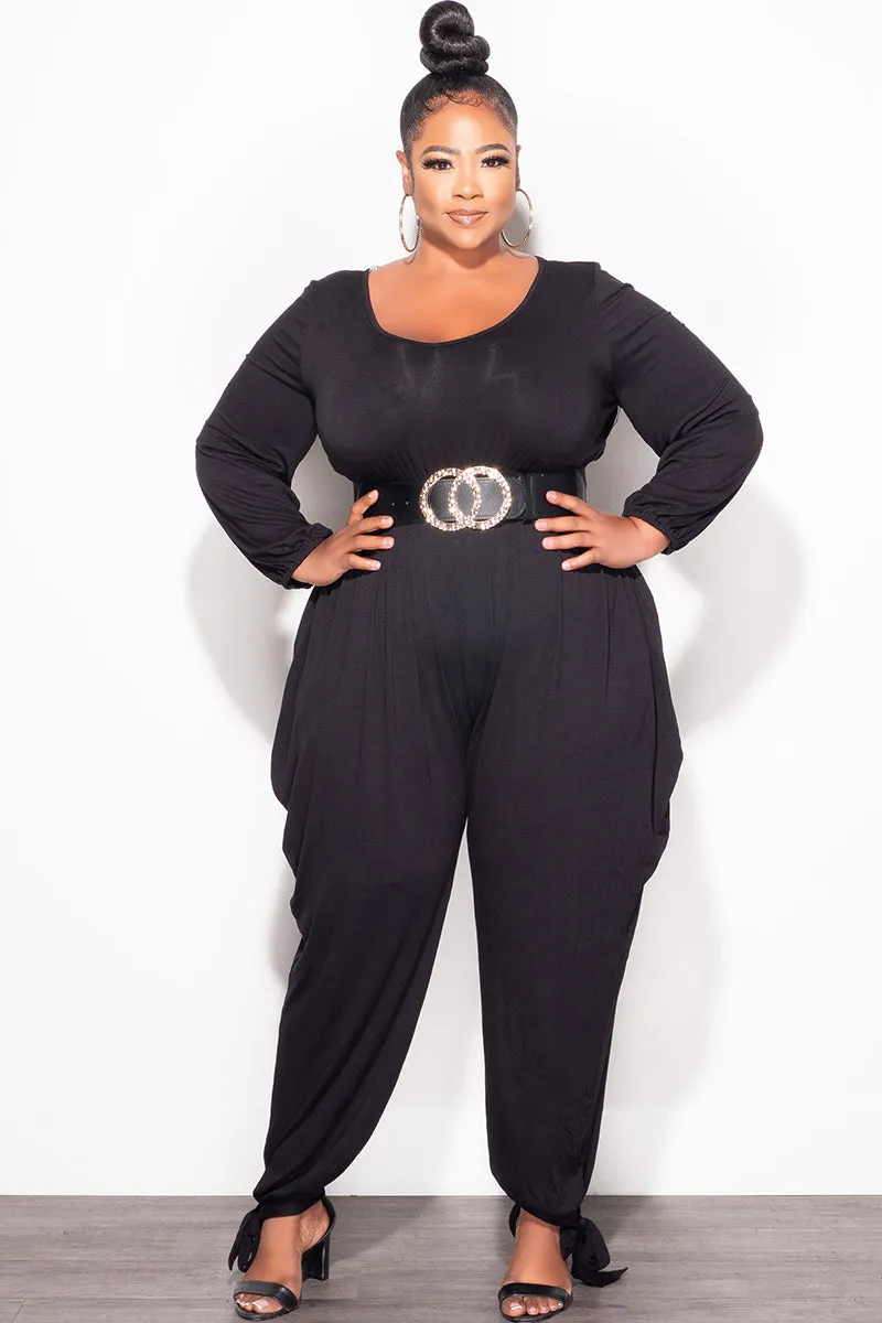Snag Free Fabric Final Sale Plus Size Harem Jumpsuit with Ankle Ties in Black