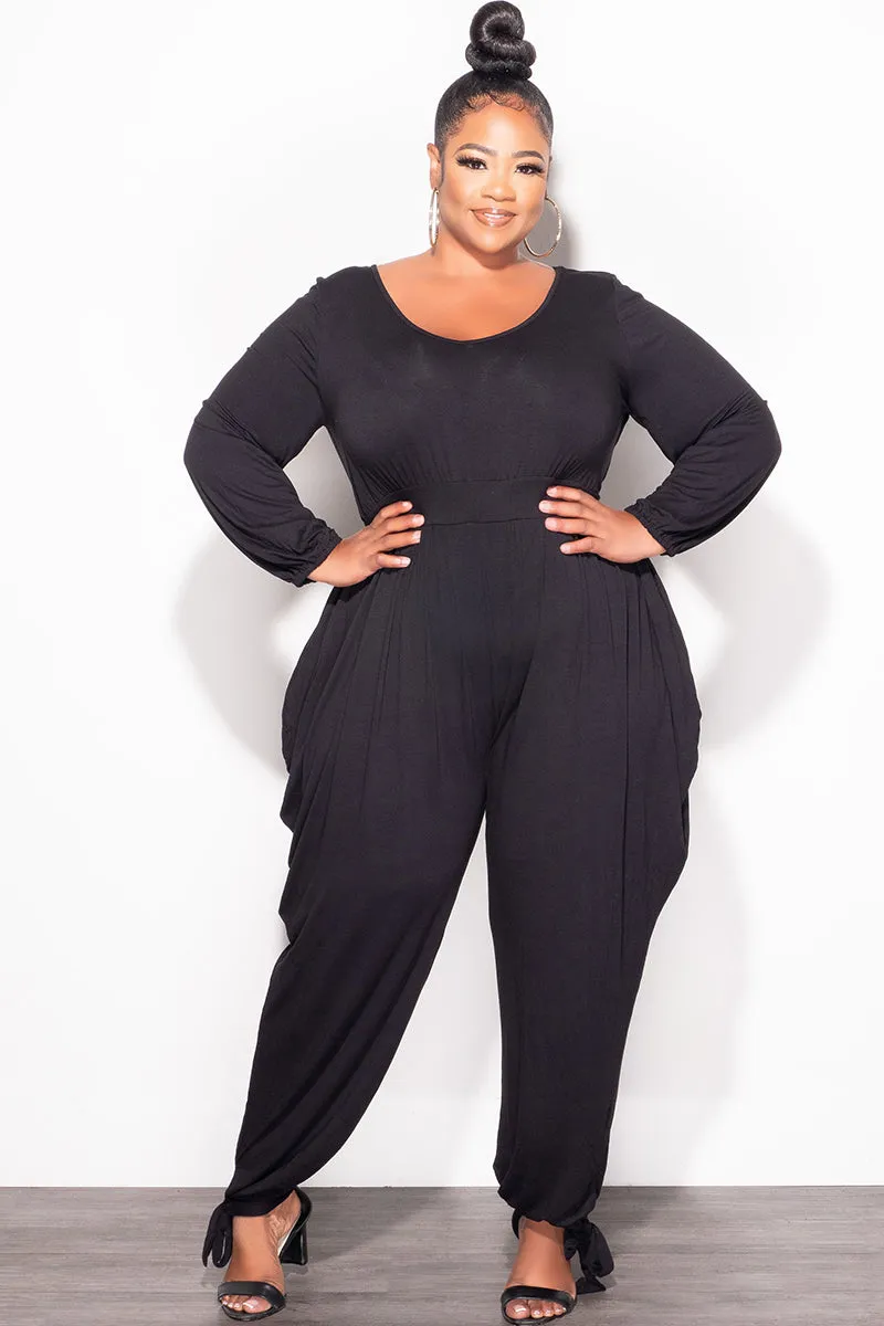 Final Sale Plus Size Harem Jumpsuit with Ankle Ties in Black Utility Style