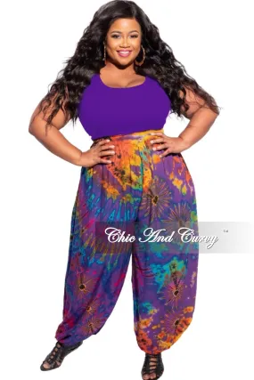 Final Sale Plus Size Harem Pants in Purple/Orange Tie Dye Utility Fit Everyday Flex
