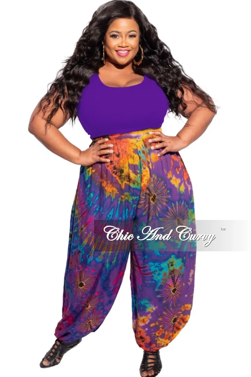 Final Sale Plus Size Harem Pants in Purple/Orange Tie Dye Body-Hugging Fit