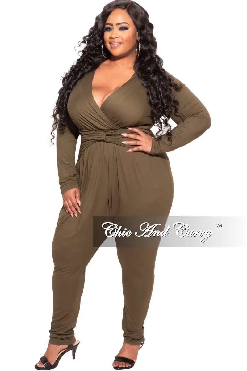 Moisture Lock Technology Final Sale Plus Size Harem Twist Front Jumpsuit in Olive